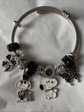 Silver-Tone Black & White Snoopy Charm Bangle Bracelet